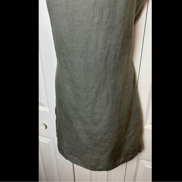 BELLAMBRA 100% Linen Dress Olive Green Made in Italy Crochet Back Sheath Shift - Picture 6 of 10